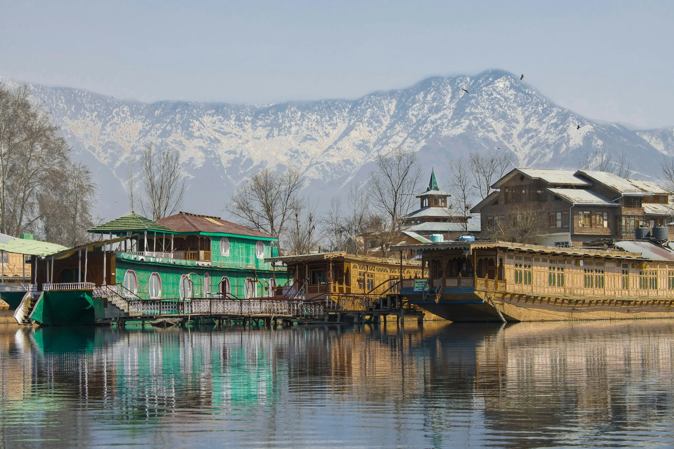 Carved wooden houseboats moored along Dal Lake in Kashmir with snow-covered mountains rising behind them