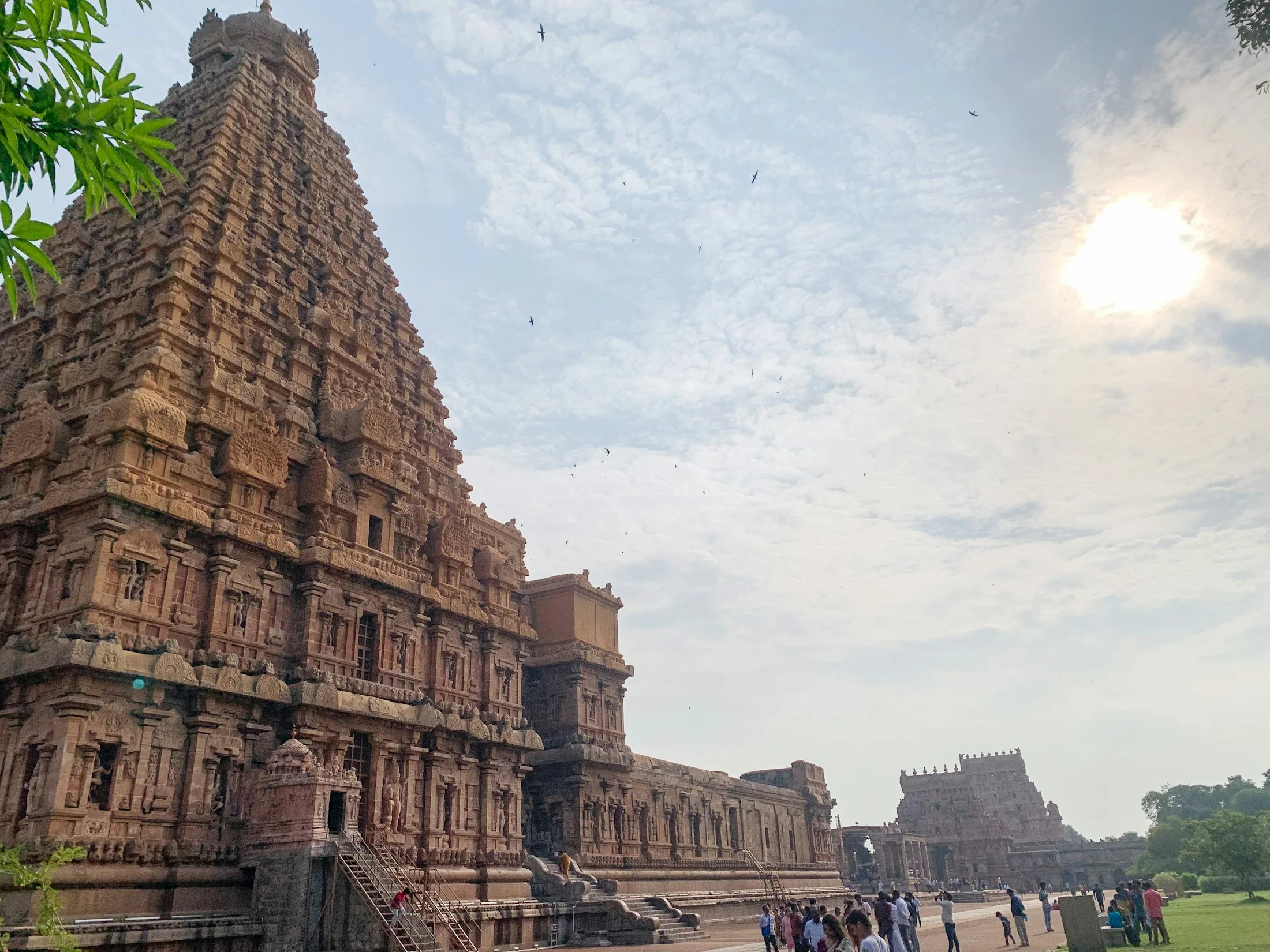 The great granite vimana of the Brihadeeswarar temple at Thanjavur rising in tiers above the temple compound